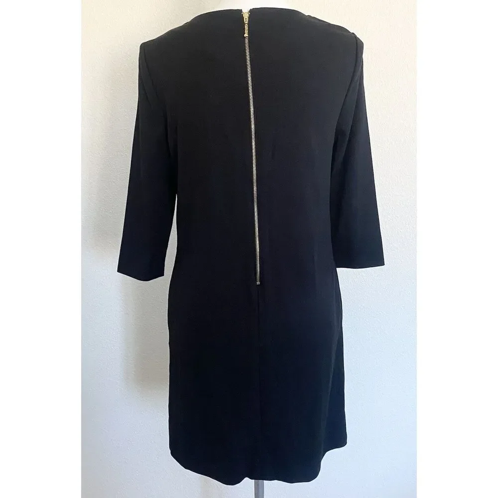 Kate‎ Spade Dress Women 4 Black Excellent 3/4 Sleeve Pleated Neck Ponte Sheath